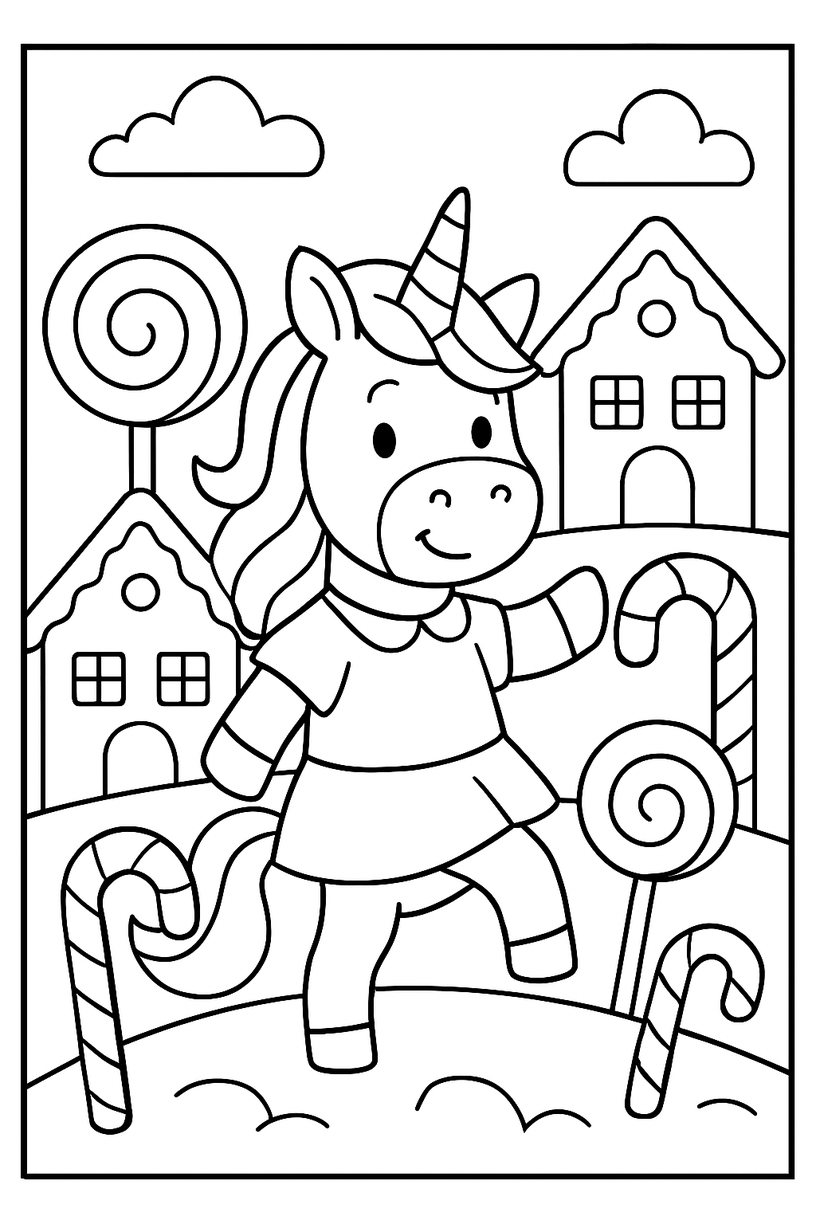 Unicorn in a Candy Land - Free printable unicorn coloring page