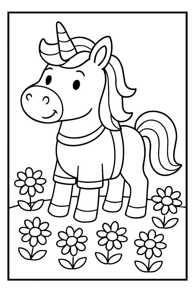 Unicorn in a Field of Daisies - Free printable unicorn coloring page