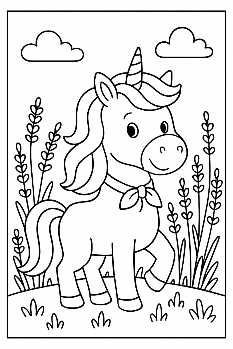 Unicorn in a Field of Lavender - Free printable unicorn coloring page
