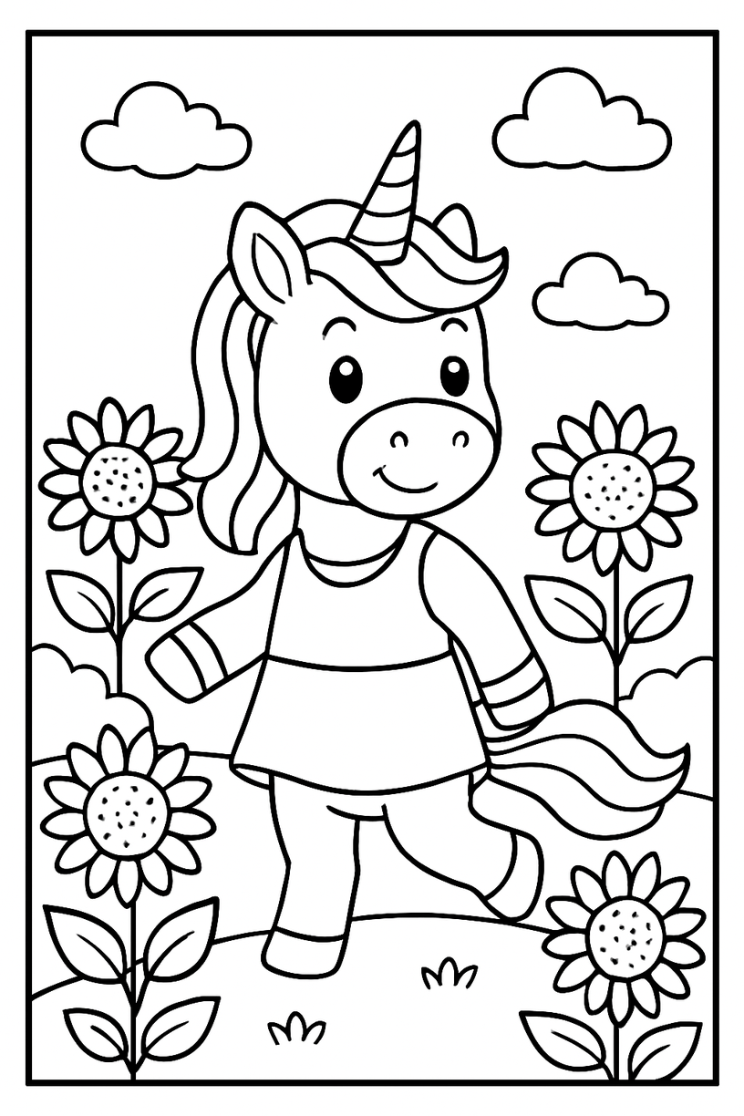 Unicorn in a Field of Sunflowers - Free printable unicorn coloring page