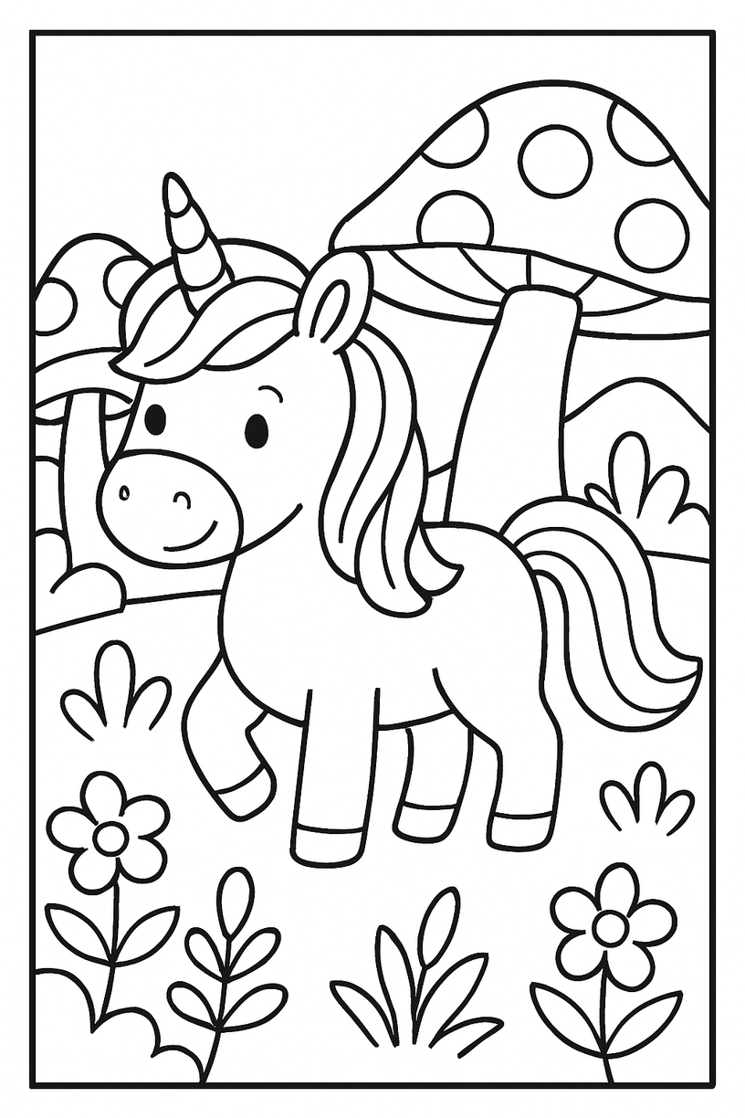 Unicorn in a Garden of Giant Mushrooms - Free printable unicorn coloring page