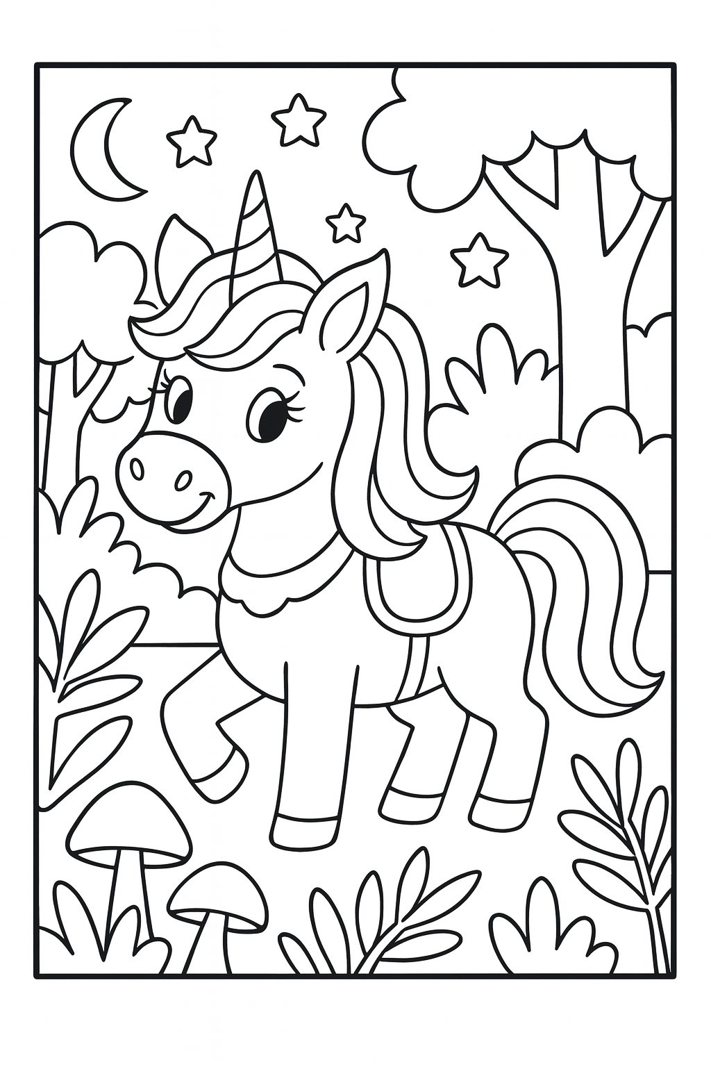 Unicorn in a Magical Forest - Free printable unicorn coloring page