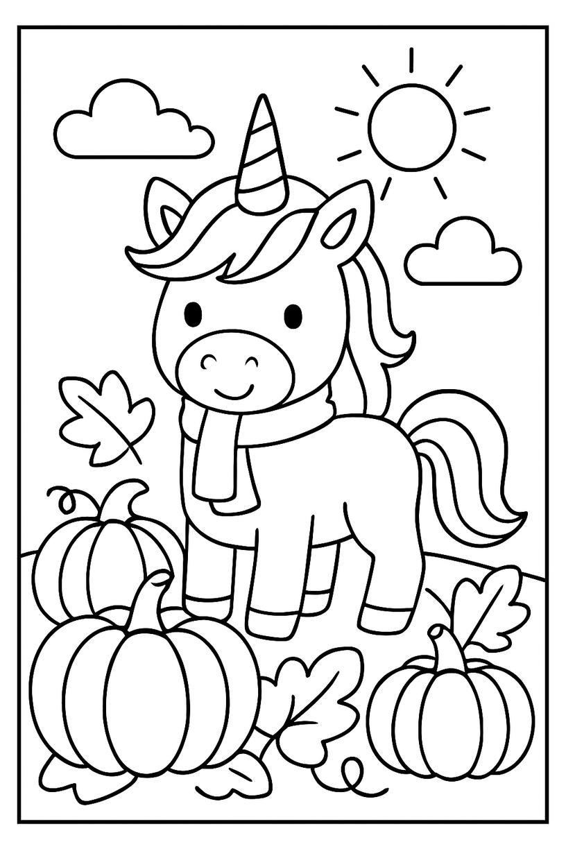 Unicorn in a Pumpkin Patch - Free printable unicorn coloring page