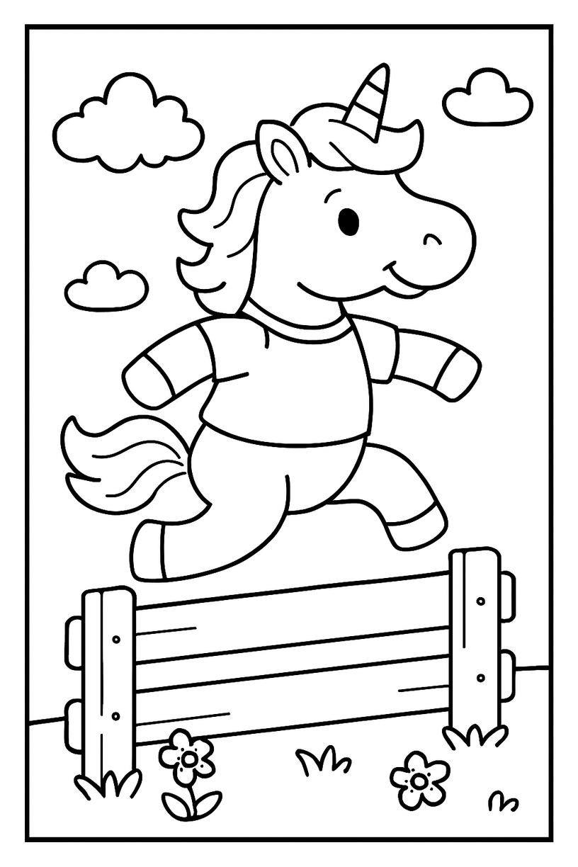 Unicorn Jumping Over a Fence - Free printable unicorn coloring page