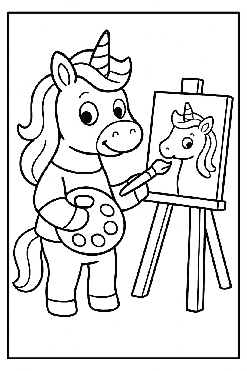 Unicorn Painting a Picture - Free printable unicorn coloring page