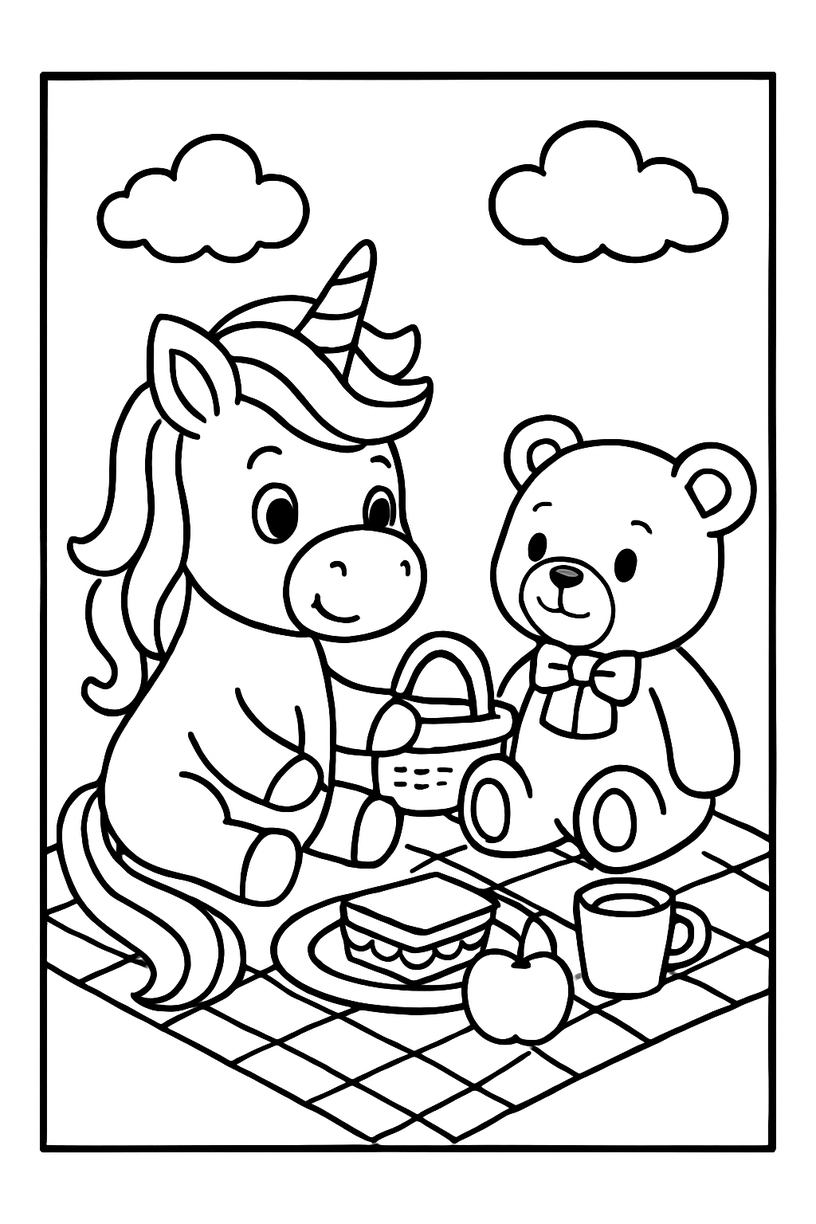 Unicorn Picnic Teddy Bear - Free printable unicorn coloring page