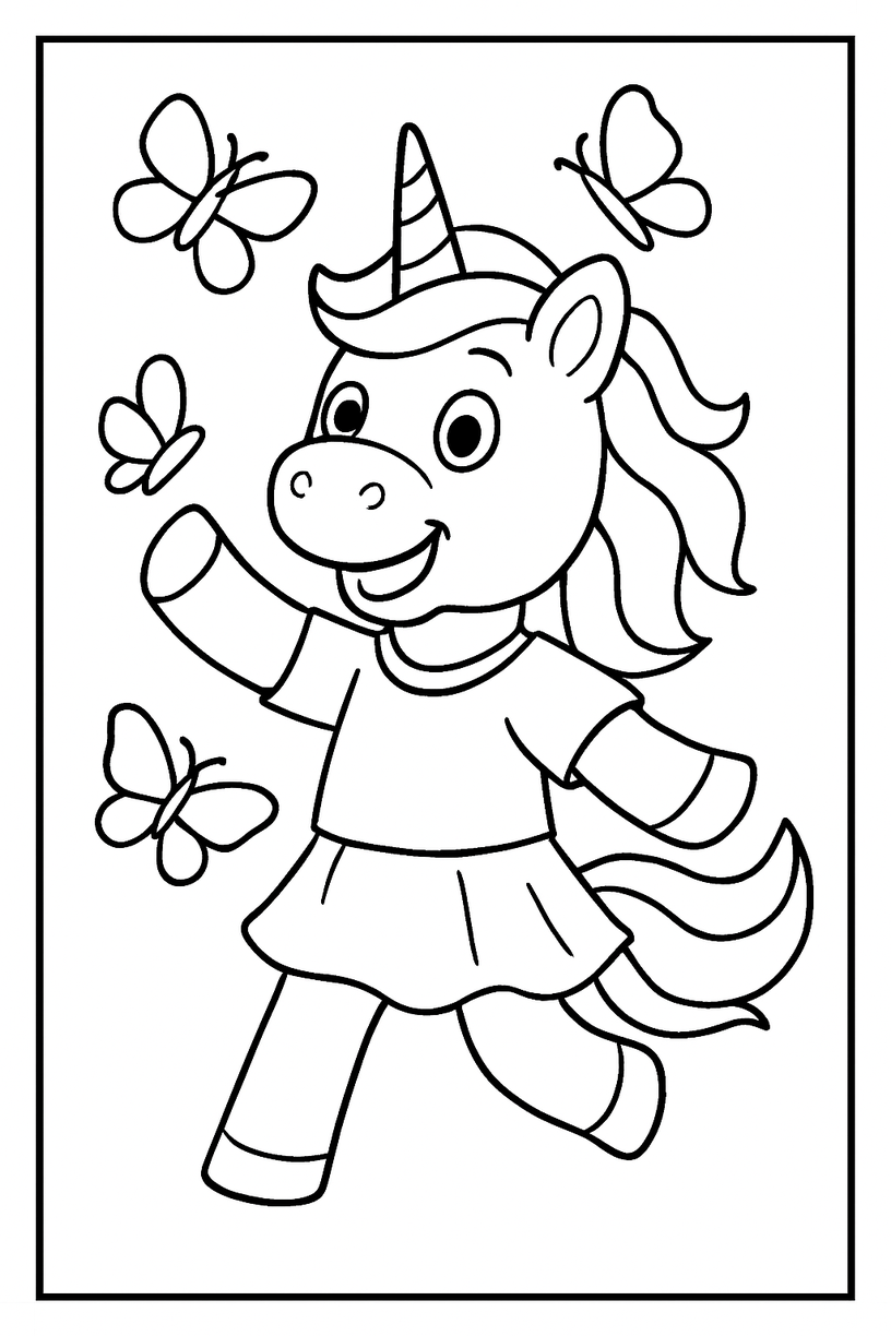 Unicorn Playing with Butterflies - Free printable unicorn coloring page