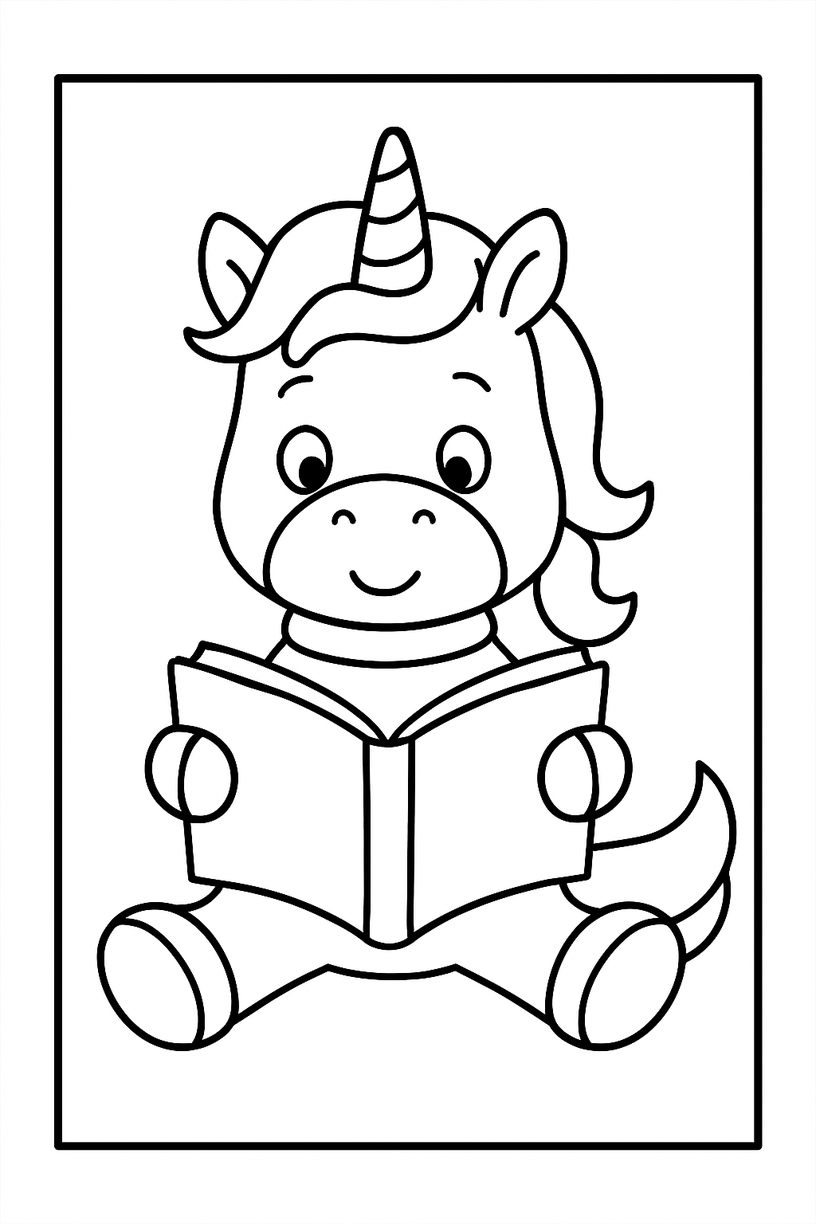 Unicorn Reading a Book - Free printable unicorn coloring page