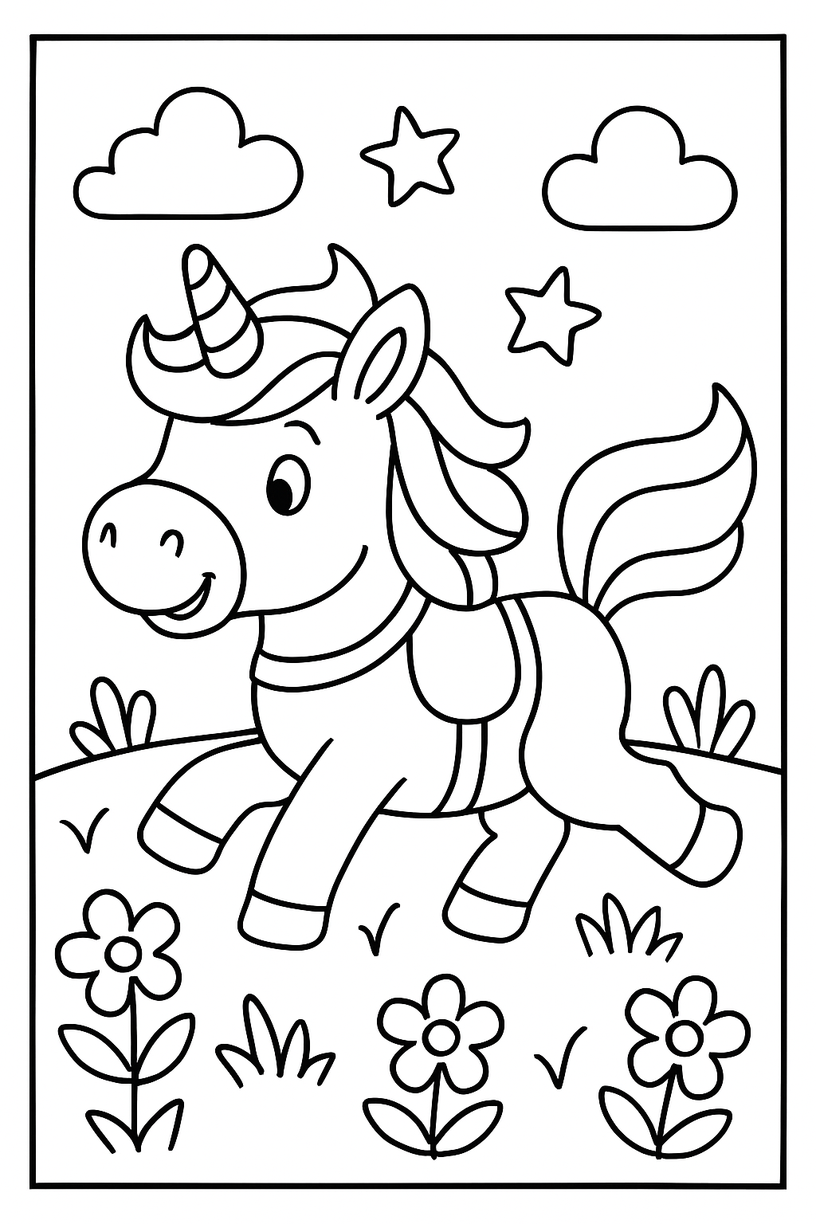 Unicorn Running Through a Meadow - Free printable unicorn coloring page