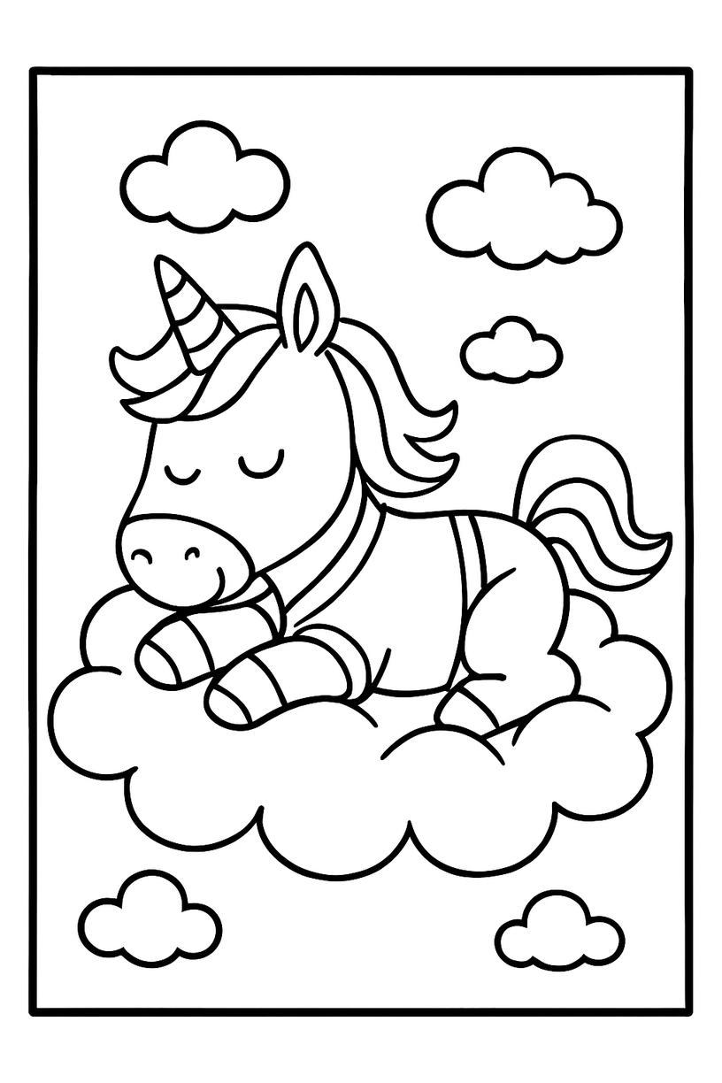 Unicorn Sleeping on a Cloud - Free printable unicorn coloring page