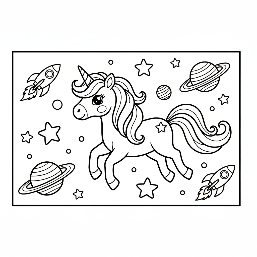 Unicorn Space Scene - Free printable unicorn coloring page