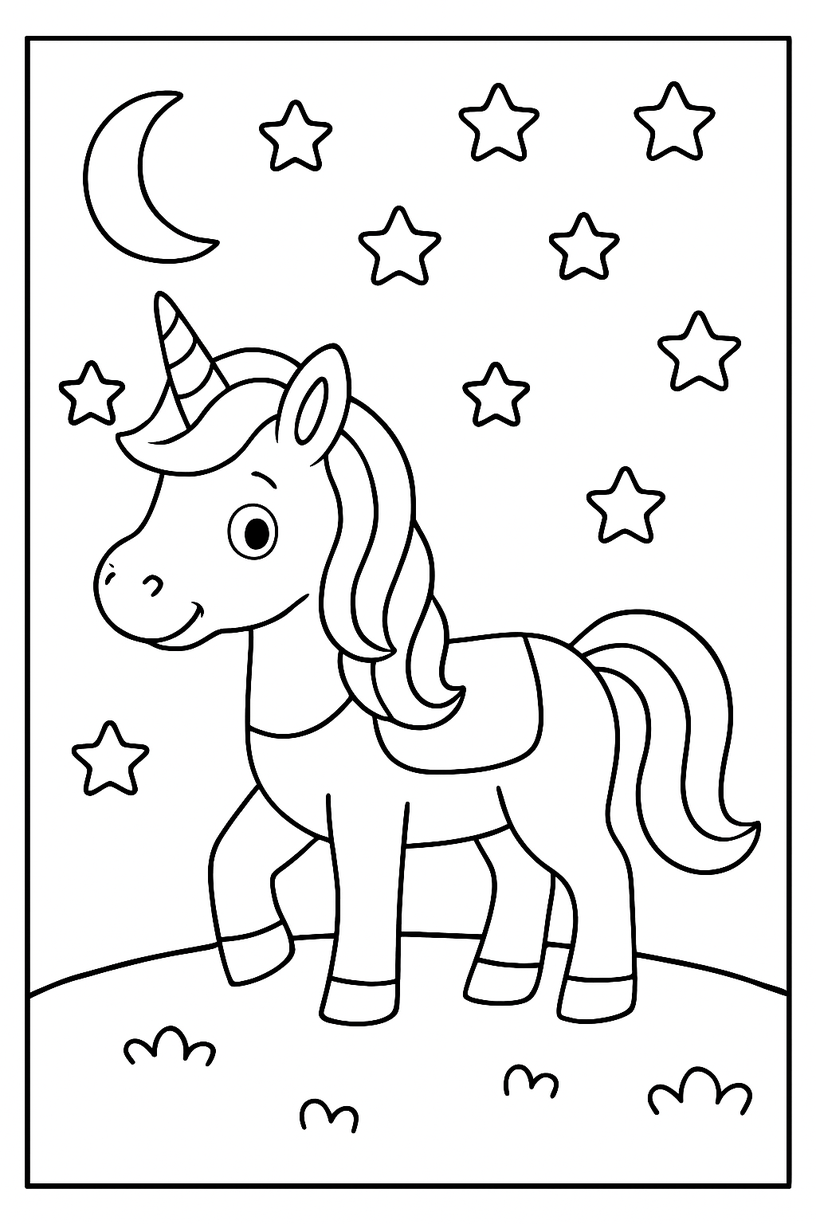 Unicorn Under a Starry Sky - Free printable unicorn coloring page