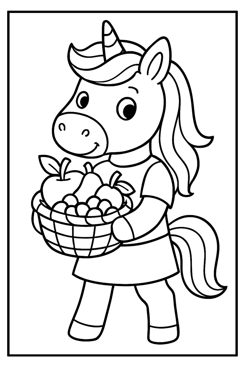 Unicorn with a Basket of Fruit - Free printable unicorn coloring page