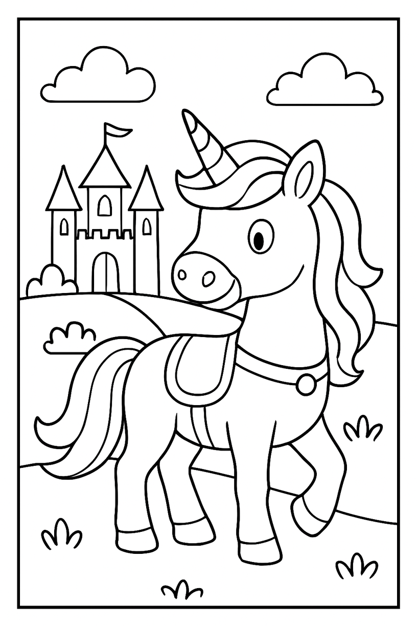 Unicorn with a Castle in the Background - Free printable unicorn coloring page