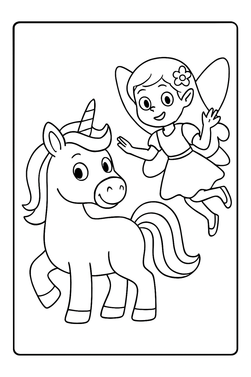 Unicorn with a Fairy Friend - Free printable unicorn coloring page