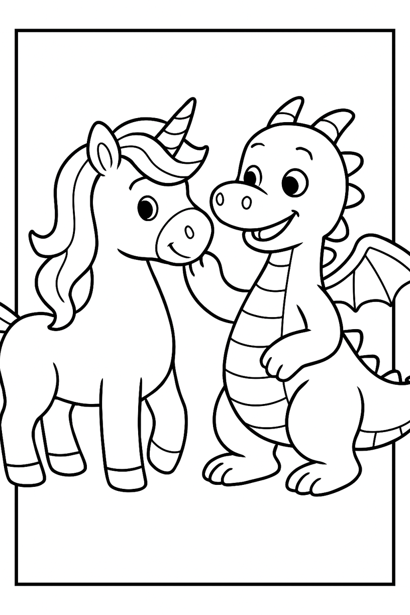 Unicorn with a Friendly Dragon - Free printable unicorn coloring page