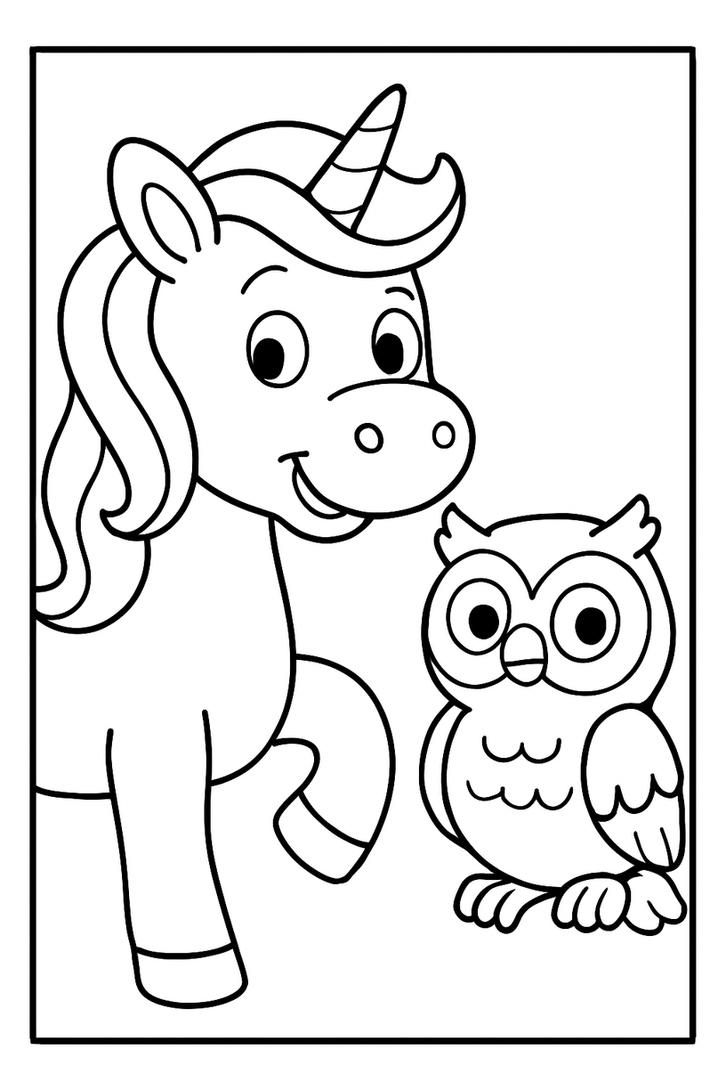 Unicorn with a Friendly Owl - Free printable unicorn coloring page