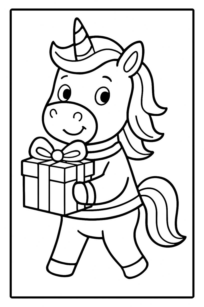 Unicorn with a Gift Box - Free printable unicorn coloring page