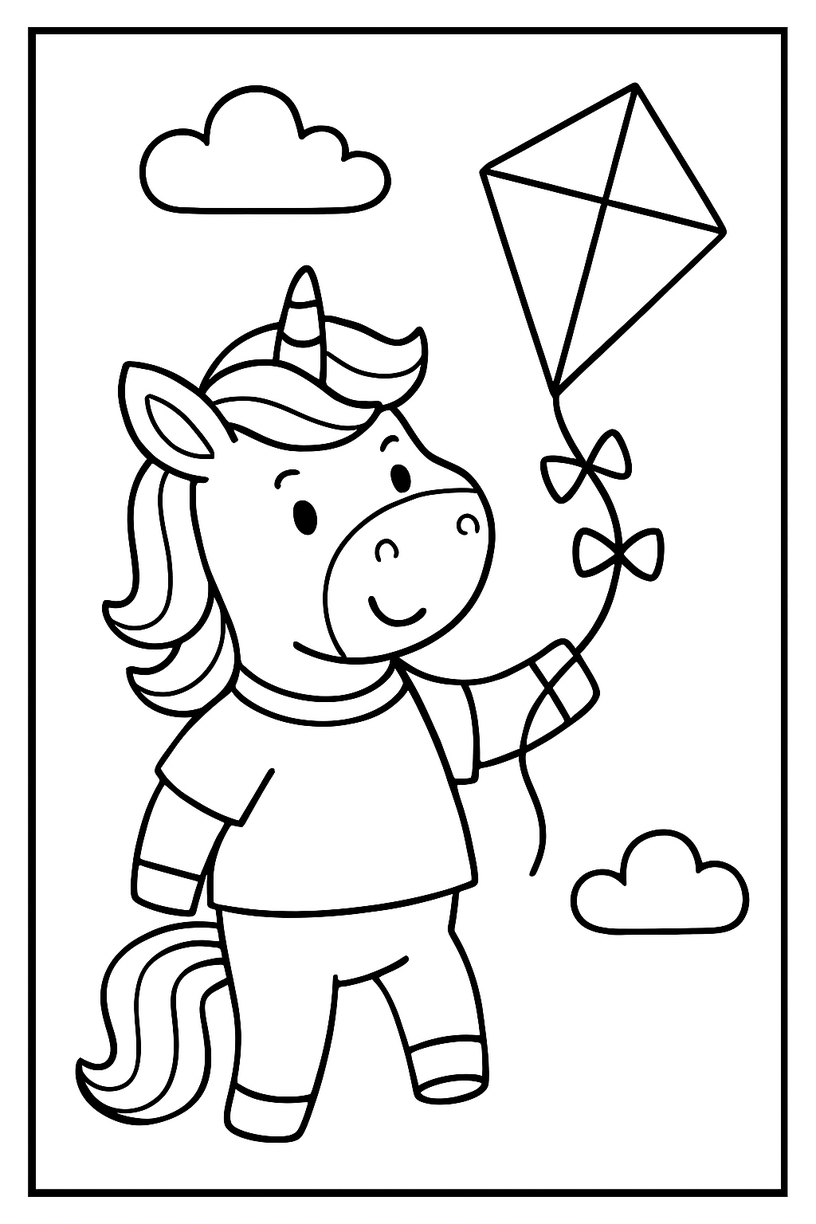 Unicorn with a Kite - Free printable unicorn coloring page