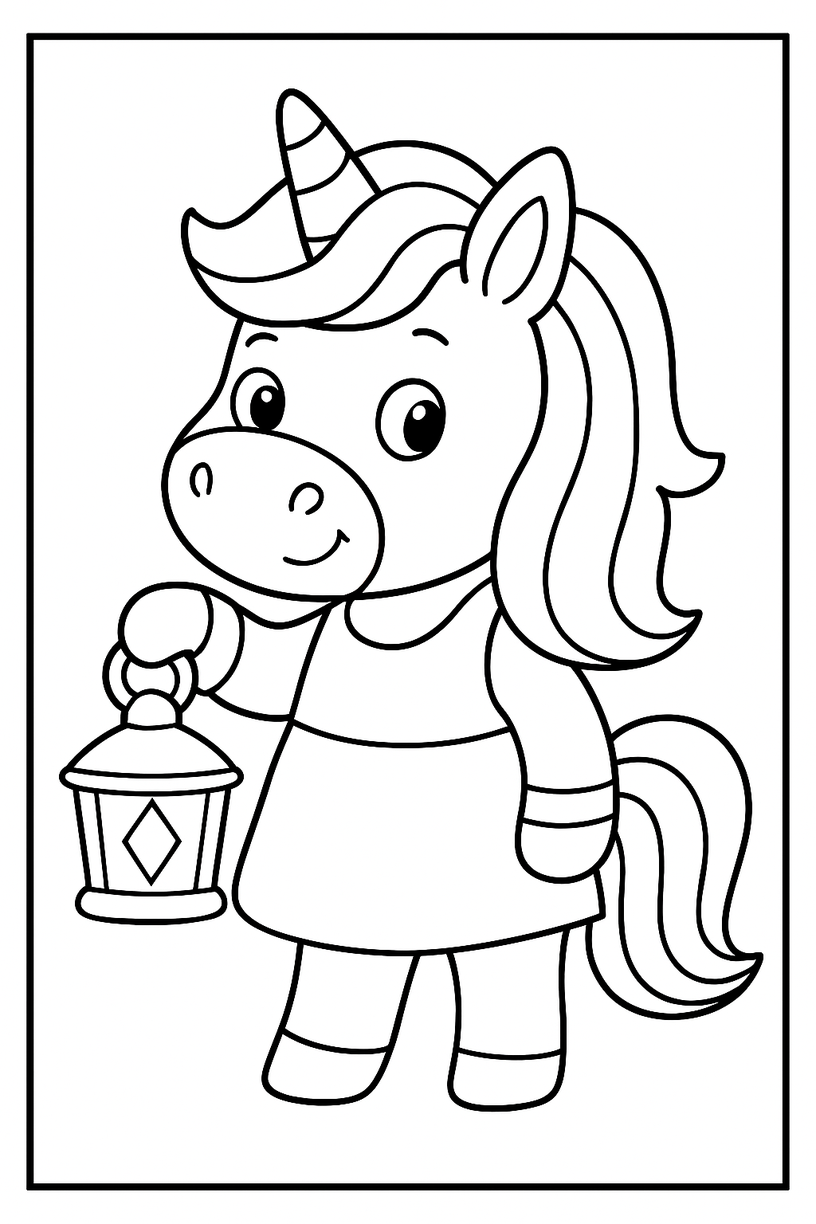 Unicorn with a Lantern - Free printable unicorn coloring page