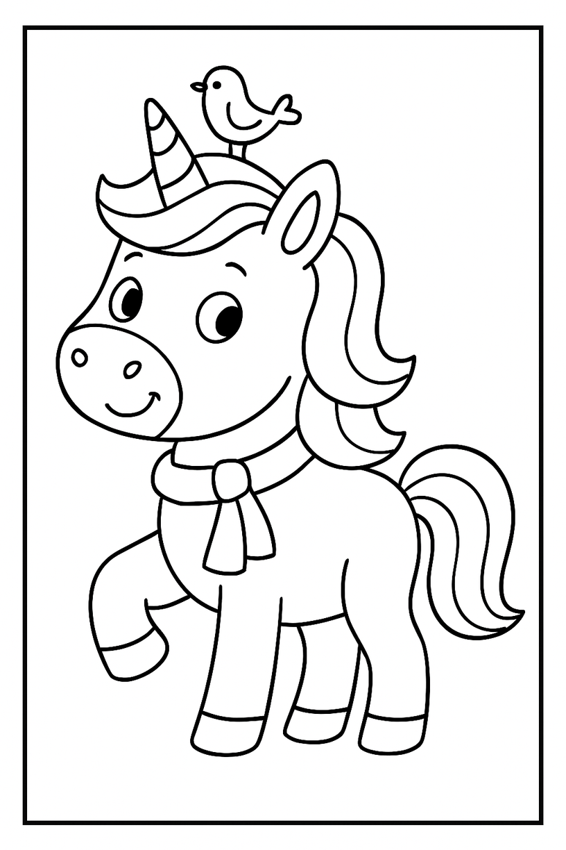 Unicorn with a Little Bird on Its Horn - Free printable unicorn coloring page