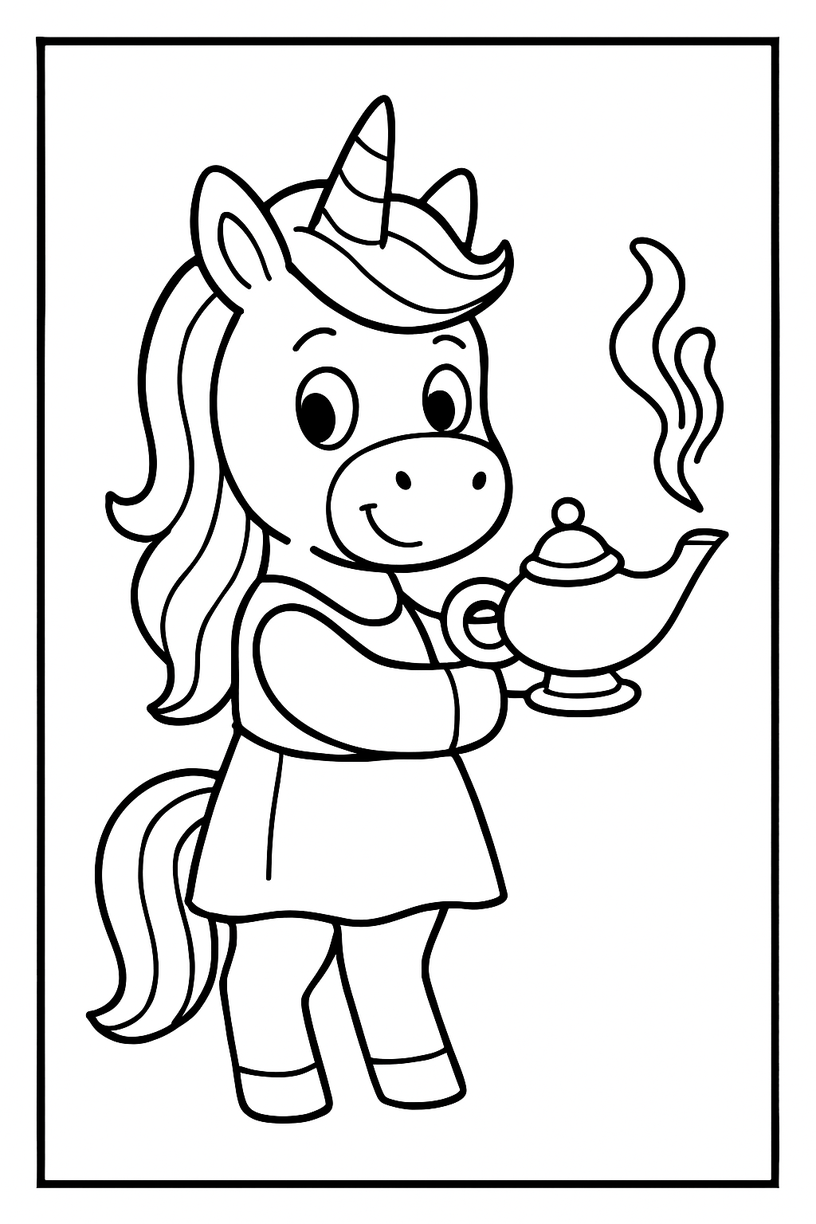 Unicorn with a Magic Lamp - Free printable unicorn coloring page