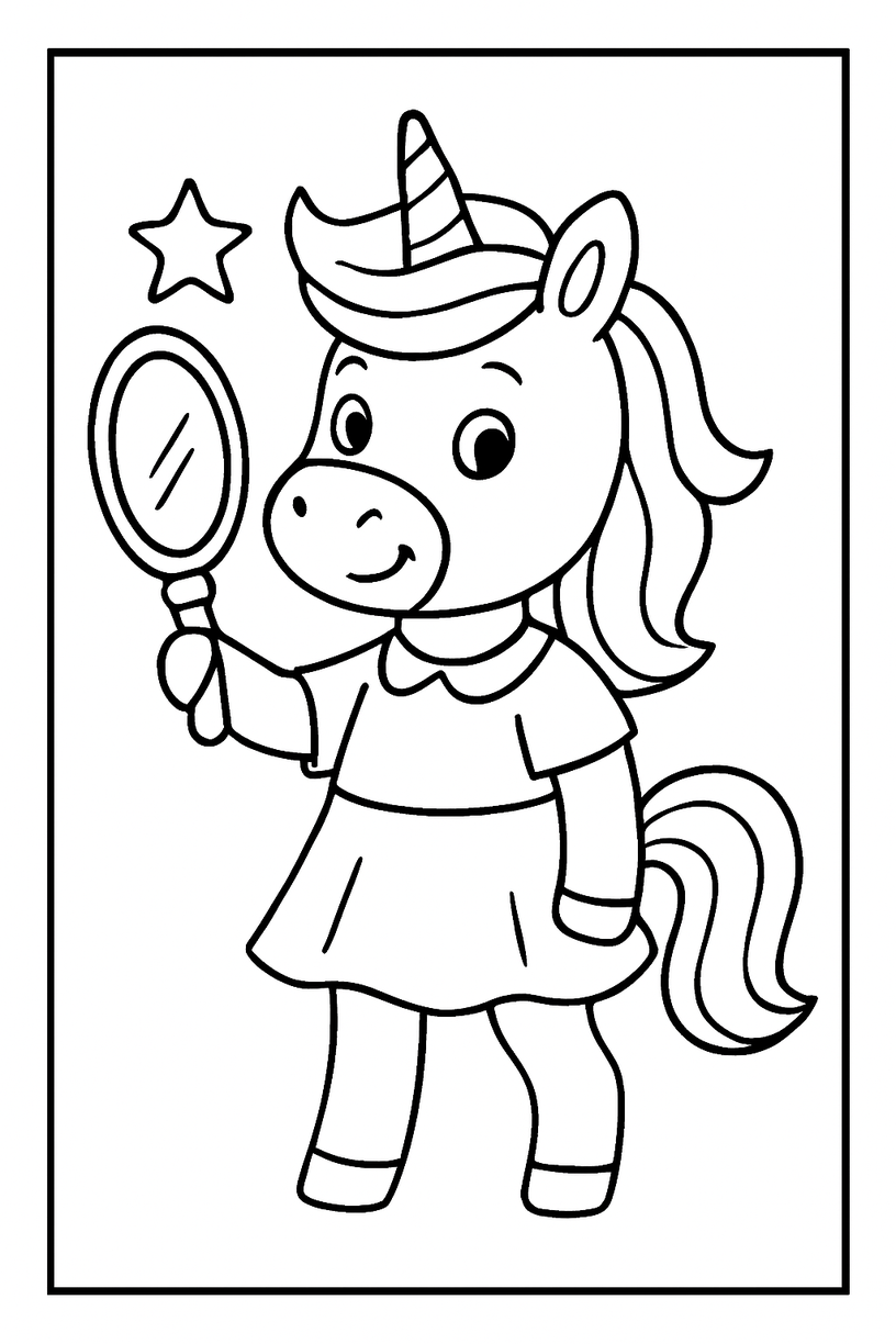 Unicorn with a Magic Mirror - Free printable unicorn coloring page