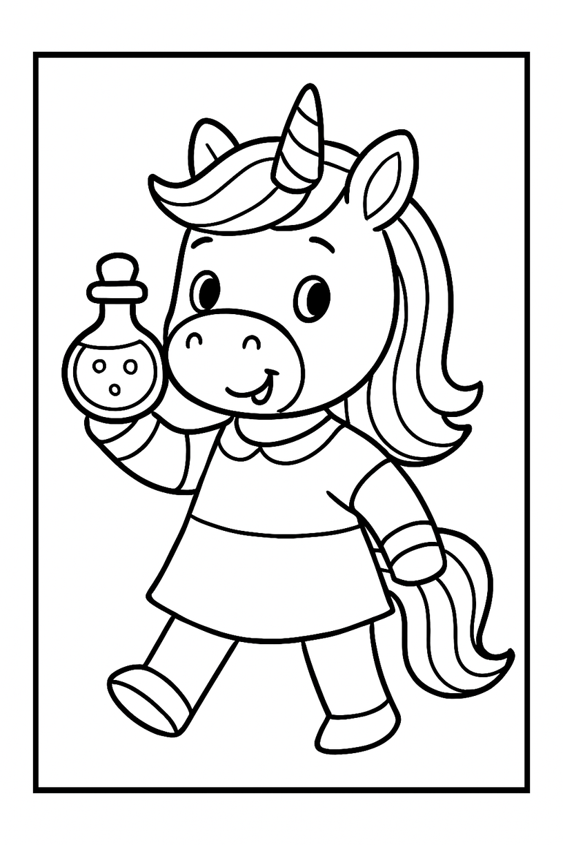 Unicorn with a Magic Potion Bottle - Free printable unicorn coloring page