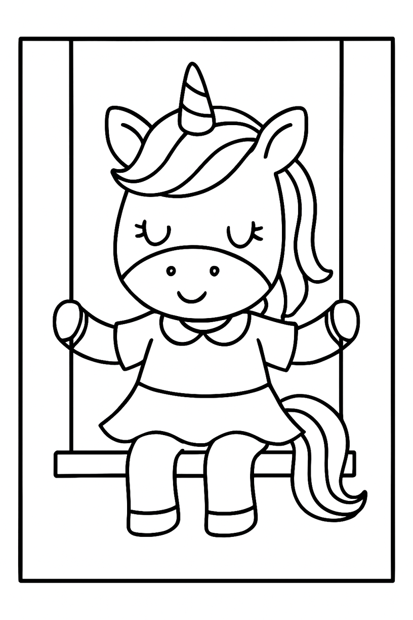 Unicorn with a Swing - Free printable unicorn coloring page