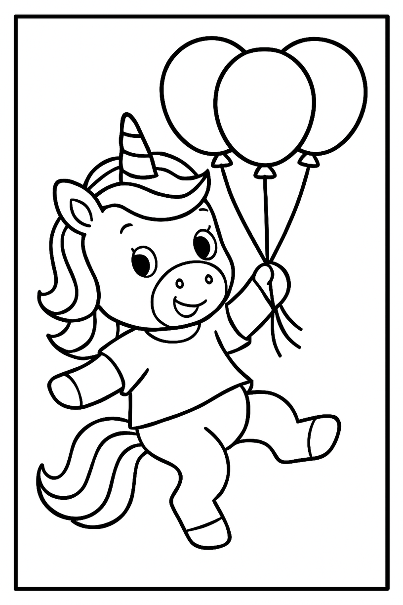 Unicorn flying with Ballon - Free printable unicorn coloring page