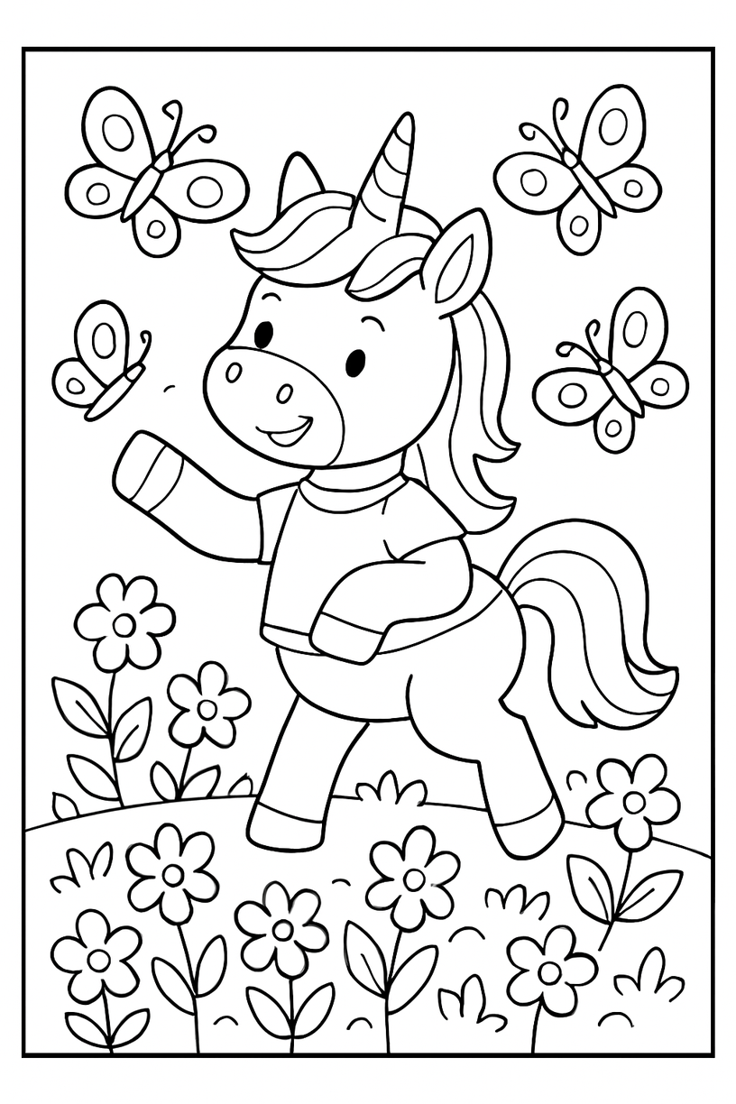 Unicorn with Flowers and Butterfly - Free printable unicorn coloring page
