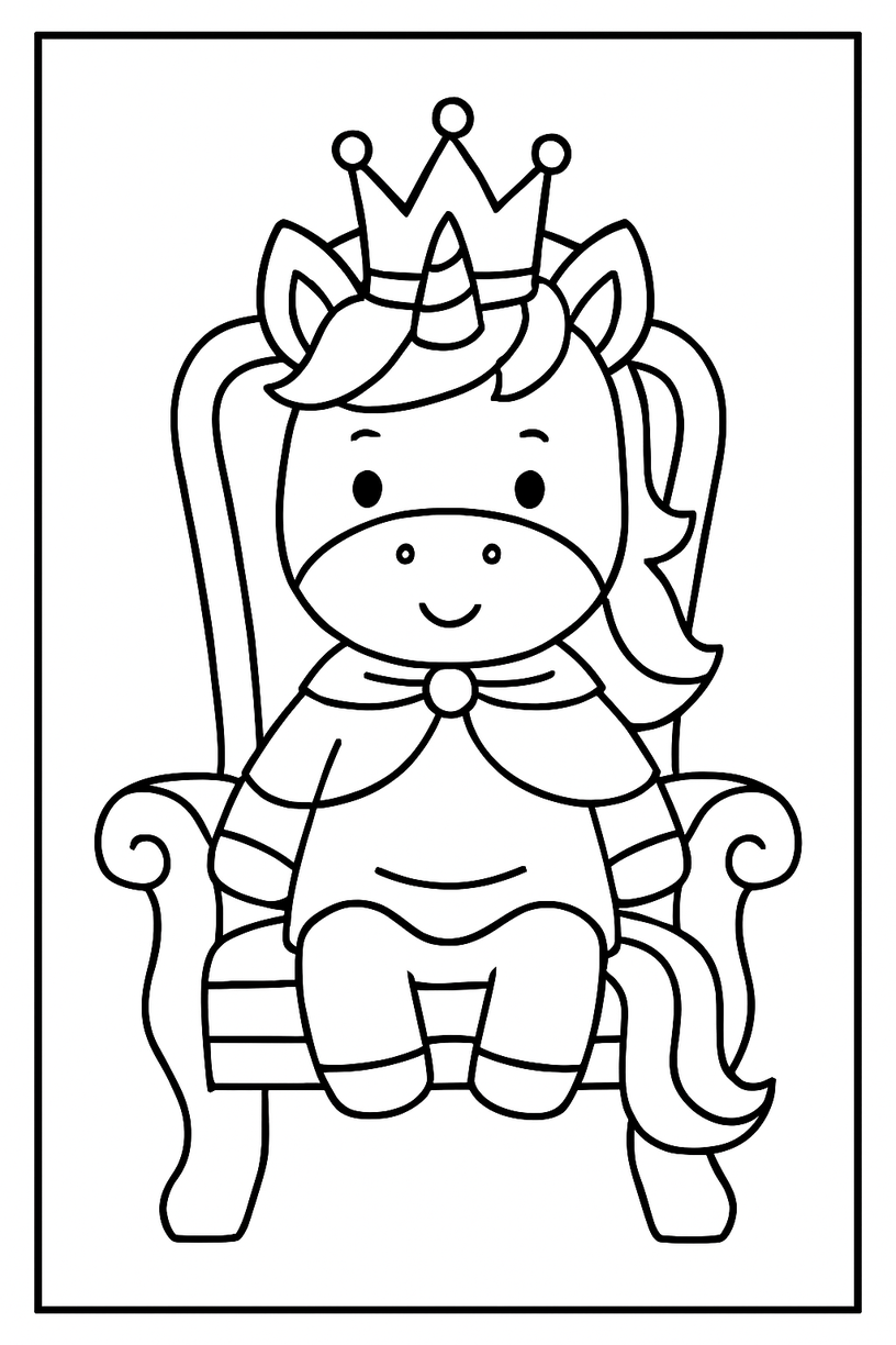 Unicorn wearing a crown and sitting on a throne - Free printable unicorn coloring page